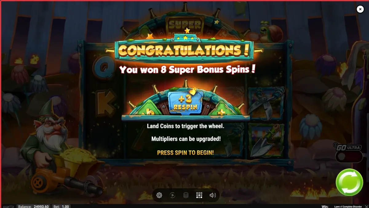 Tampilan visual slot Lawn N’ Complete Disorder dengan tema taman yang terbakar