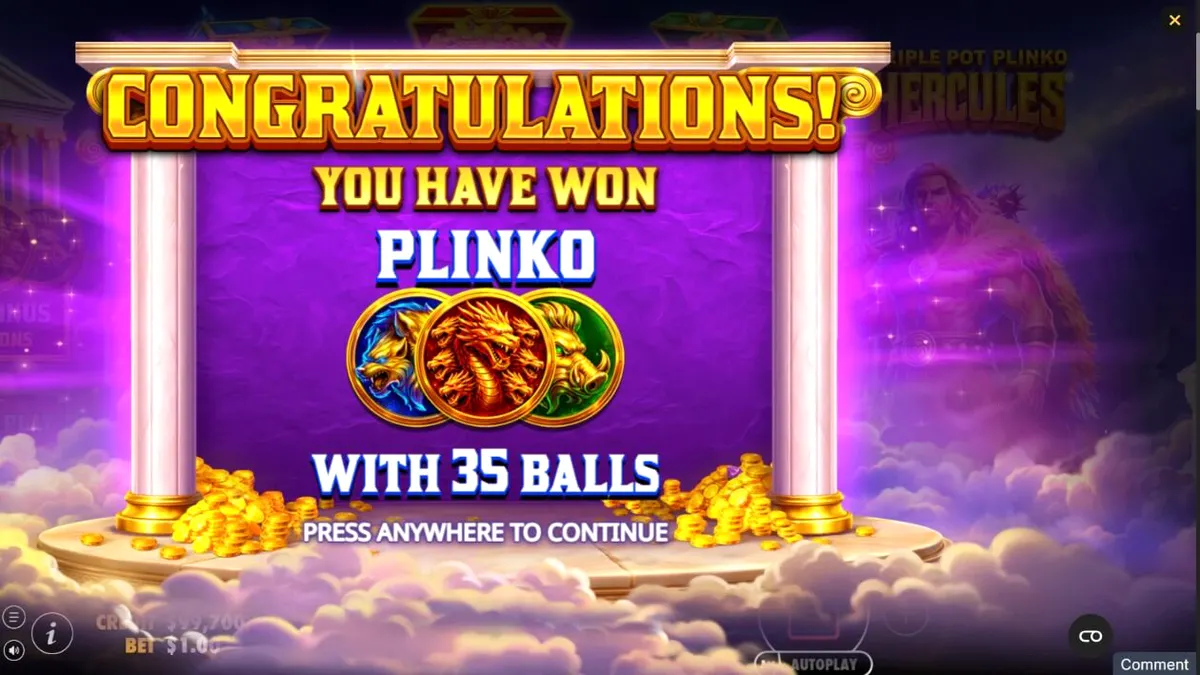 Tampilan visual slot Triple Pot Plinko – Hercules dengan latar belakang Gunung Olympus