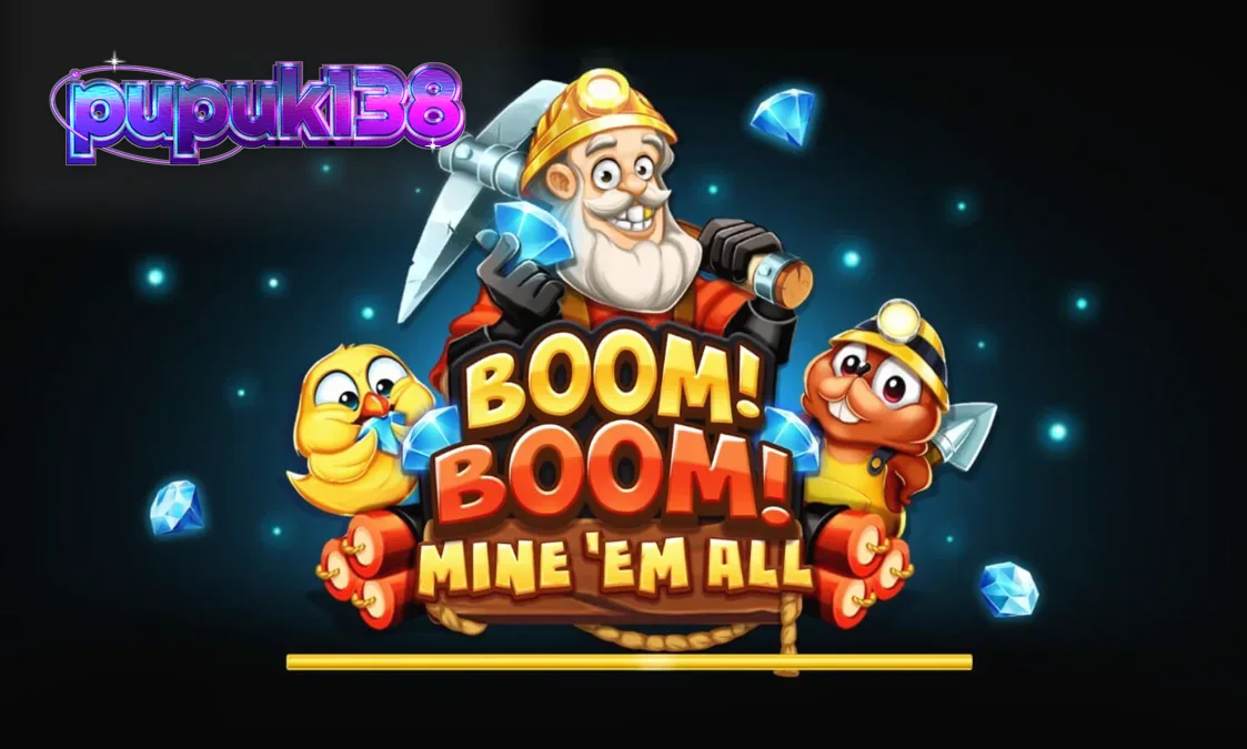 Tampilan visual slot Boom! Boom! Mine ‘Em All dengan nuansa pertambangan yang gelap dan eksplosif.